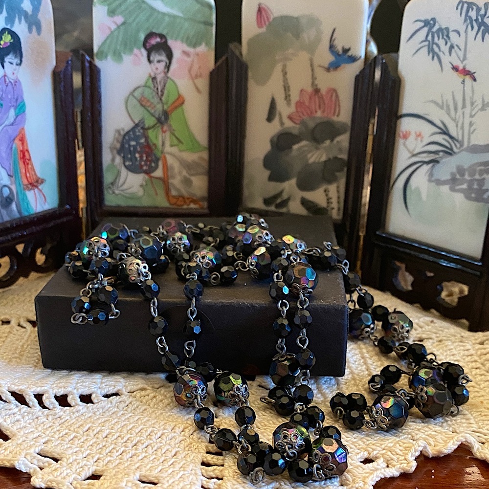 Elegant Long Oil Slick Black Beaded Necklace 56 inches